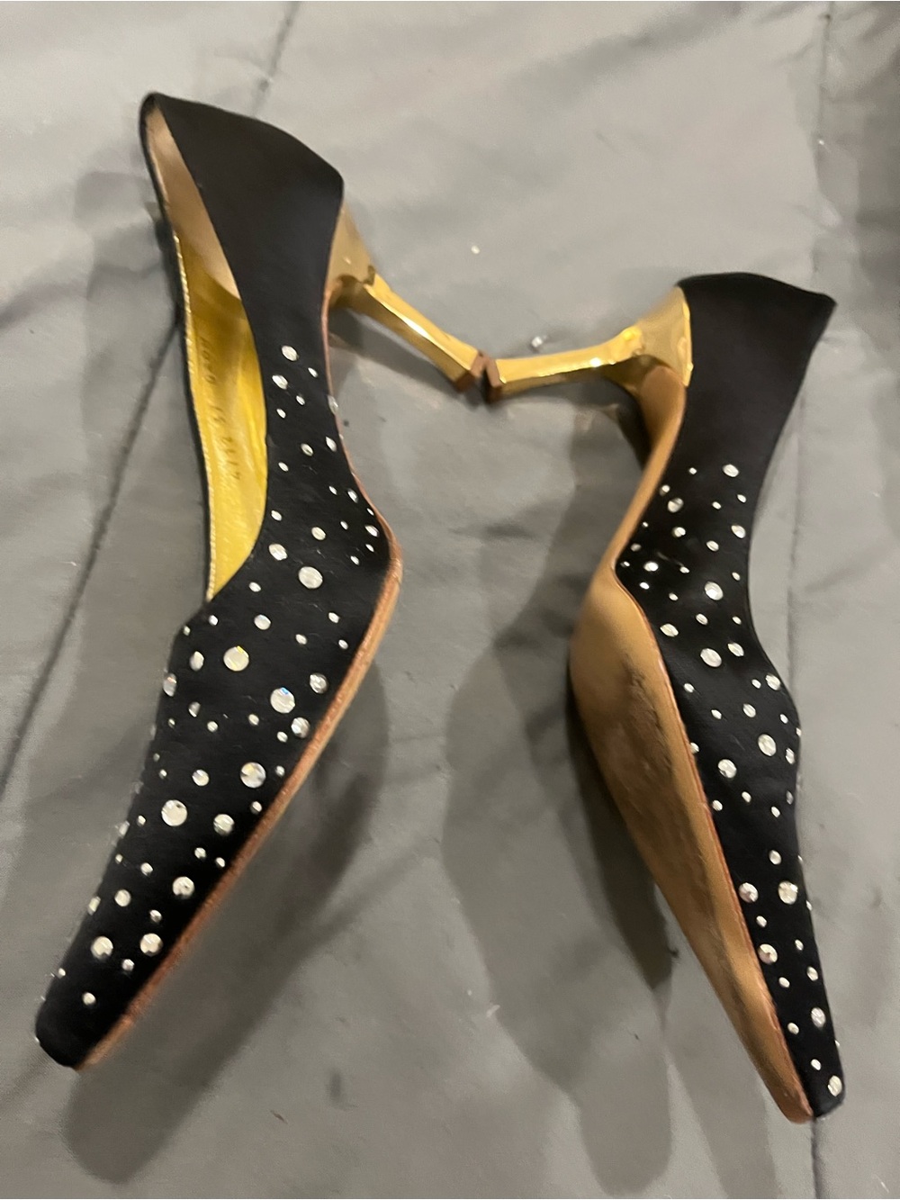 Vero Cuoio Black Pointed Toe Heels with Gold Metallic Heel and Crystal Studs